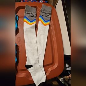 White Knee-High Socks with Blue and Orange Accents